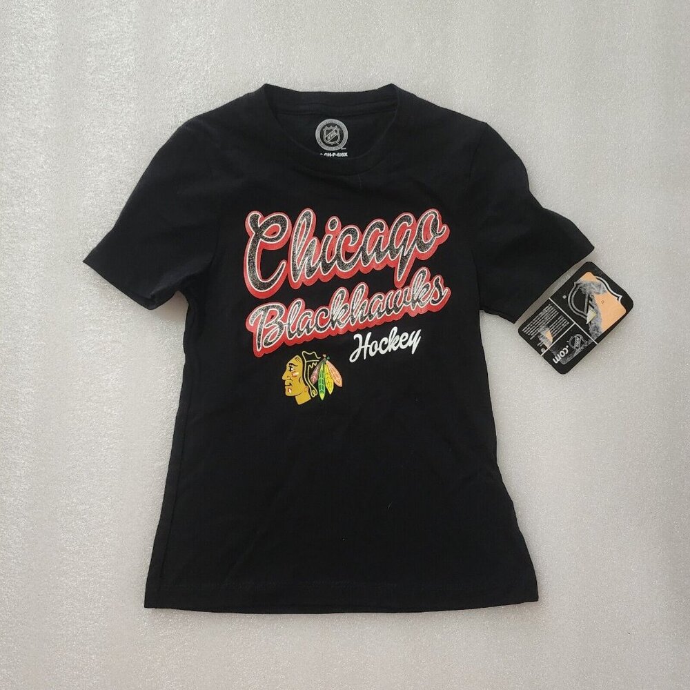 NHL‎ Chicago Blackhawks Girls Black Graphic T-Shirt Hockey Size 6/6X New